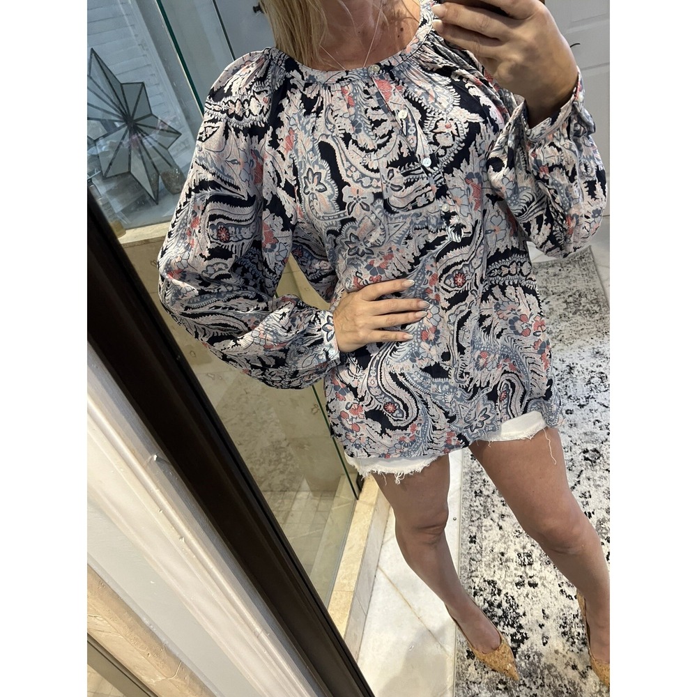 Chaps Ralph Lauren Blue Floral Paisley Gauzy Blouse Top L Off-Shoulder Casual